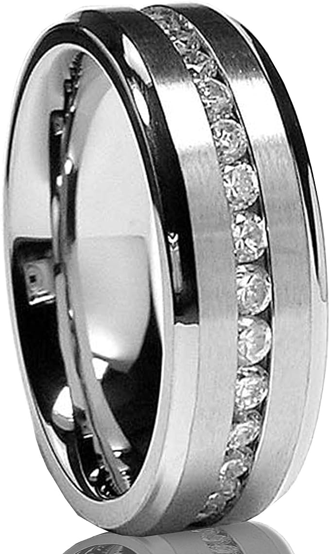 Genuine Titanium Silver 7mm Wide Ring Cubic Zirconia Eternity High Polished Comfort Fi