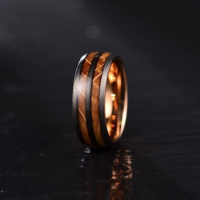 Genuine Carbide Tungsten Color: 8mm Rose Wood and Whiskey Barrel Wood inlay Rose Gold Inner high polished inner-face design smooth and shiny. Comfort Fit Wedding Band Size 6-15