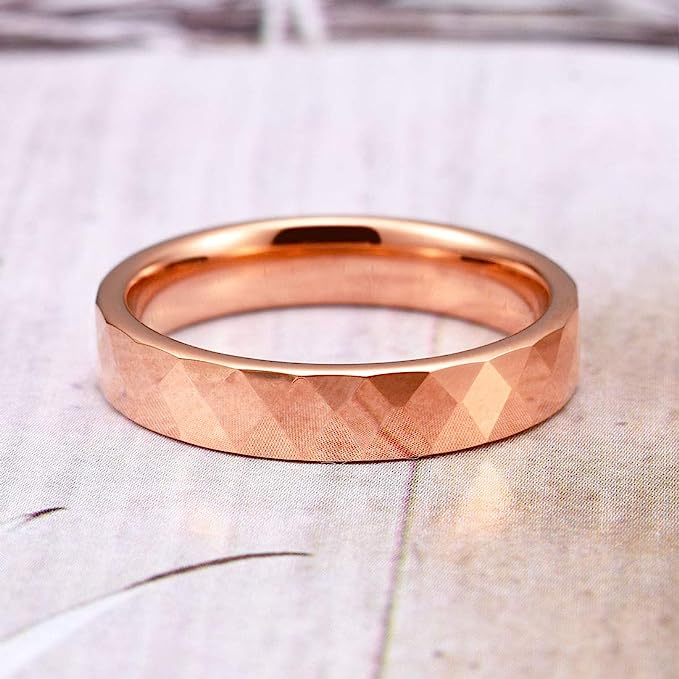 Genuine Carbide Tungsten Color: Rose Gold Multi Faceted Edge Center 4mm RING   High Polish inner face makes it smooth and shiny Comfort Fit Wedding Band Size 6-15