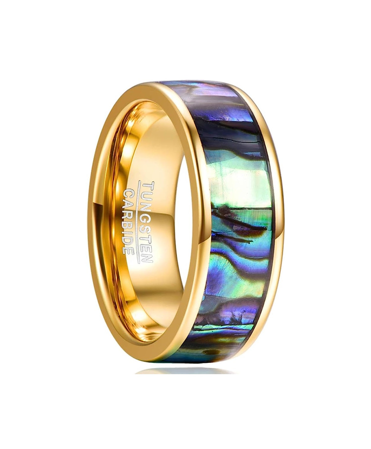 Genuine Carbide Tungsten Color: GOLD Abalone shell Center Inlay 8mm RING Polished Shiny Comfort Fit Wedding Band Size Size 7-12