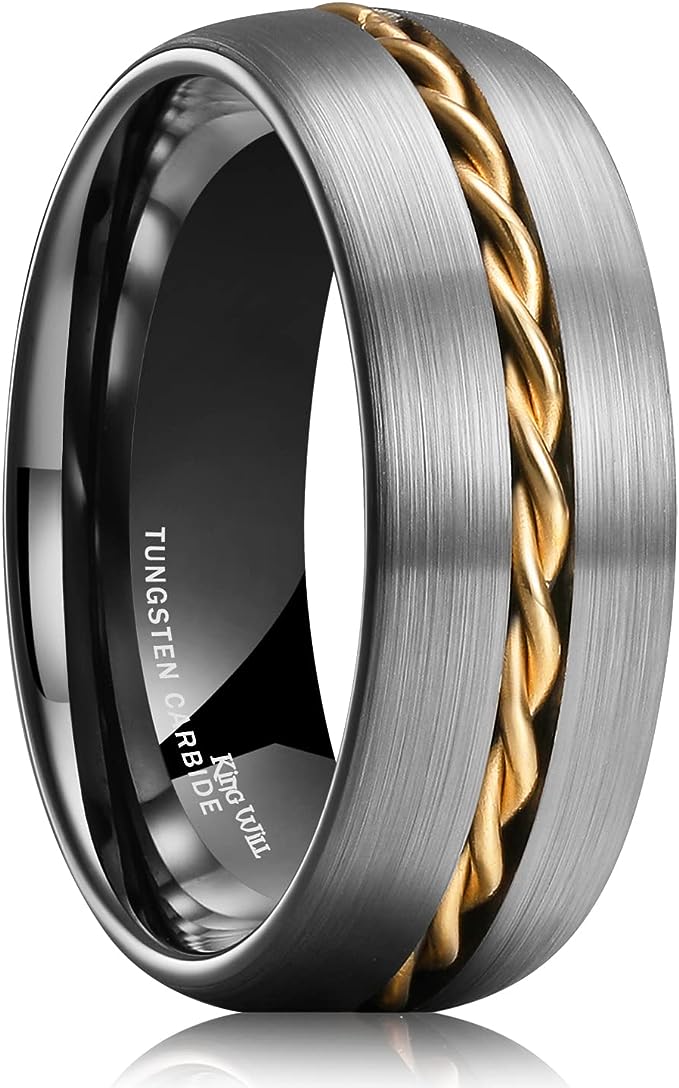 Genuine Carbide Tungsten Color: 8mm Silver Brushed Gold Steel Wire Line Inlay High polished inner-face design smooth and shiny. Comfort Fit Wedding Band Size 6-15