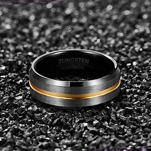 Genuine Tungsten Carbide 8mm Ring - Black/ Silver Brushed Matte finish, Silver Thin Gold Line and Beveled Edge Comfort Fit Size 6-15