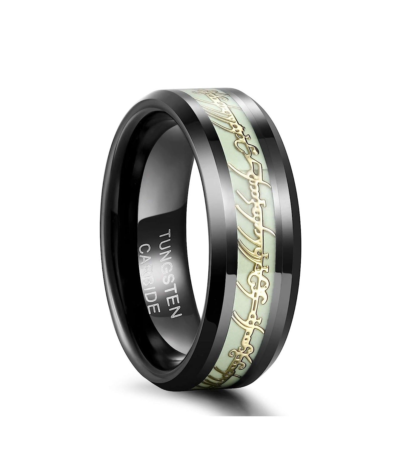 Genuine Carbide Tungsten Color: BLACK Celtic GREEN GLOW Fiber Inlay 8mm RING Polished Shiny Comfort Fit Wedding Band Size Size 6-15