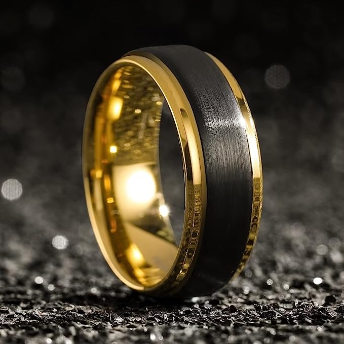 Genuine Carbide Tungsten Color: 8mm Black Brushed  and Gold Inner high polished inner-face design smooth and shiny. Comfort Fit Wedding Band Size 6-15