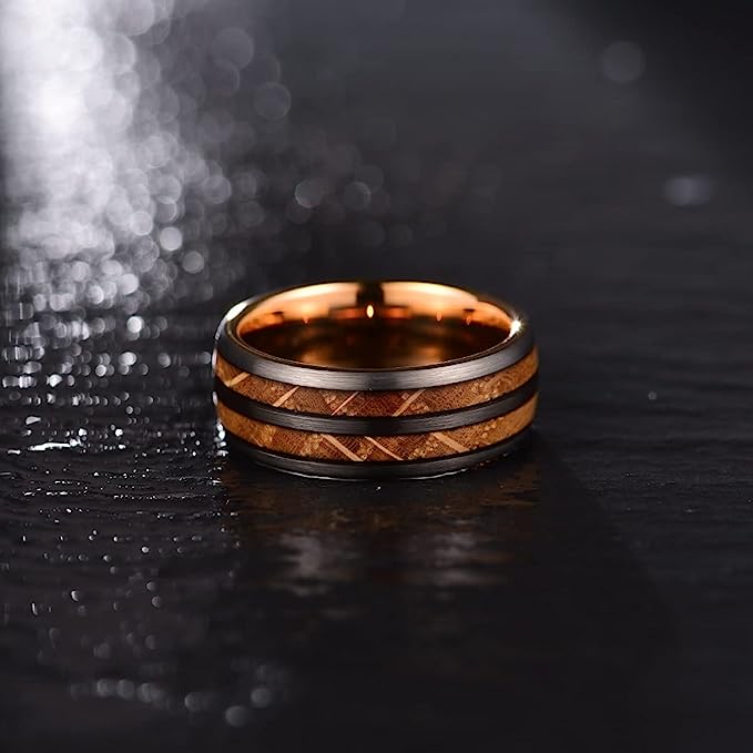 Genuine Carbide Tungsten Color: 8mm Rose Wood and Whiskey Barrel Wood inlay Rose Gold Inner high polished inner-face design smooth and shiny. Comfort Fit Wedding Band Size 6-15