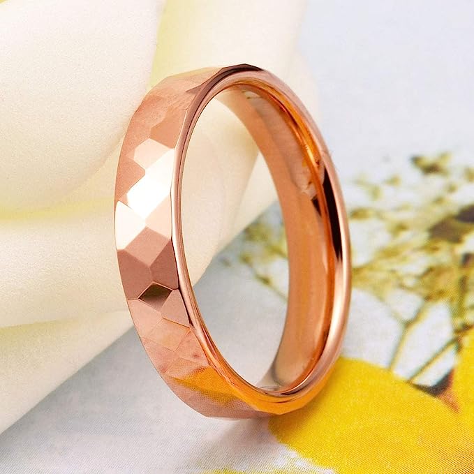 Genuine Carbide Tungsten Color: Rose Gold Multi Faceted Edge Center 4mm RING   High Polish inner face makes it smooth and shiny Comfort Fit Wedding Band Size 6-15