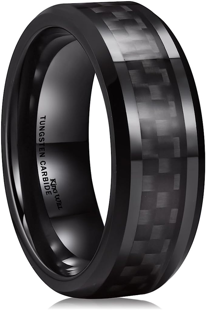 Genuine Carbide Tungsten Color: 8mm Black Gray Carbon fiber Inlay High polished inner-face design smooth and shiny. Comfort Fit Wedding Band Size 6-15