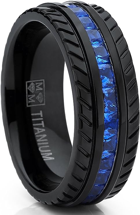 Genuine Titanium Black Blue CZ inlay 8mm Wide Eternity Ring   Wedding Band High Polished Comfort Fit.