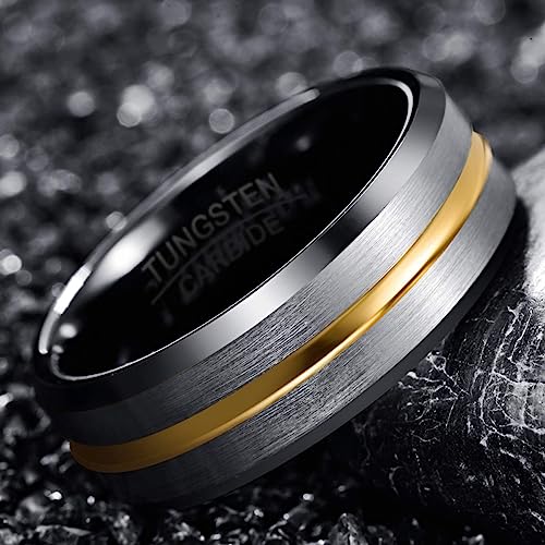Genuine Tungsten Carbide 8mm Ring - Black/ Silver Brushed Matte finish, Silver Thin Gold Line and Beveled Edge Comfort Fit Size 6-15