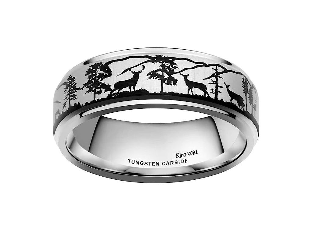 Genuine Carbide Tungsten Color: BLACK 8mm Laser Black Elk Deer Family Mountain Tree Forest Landscape Tungsten Ring, beautiful scenery into the forest tungsten ring.