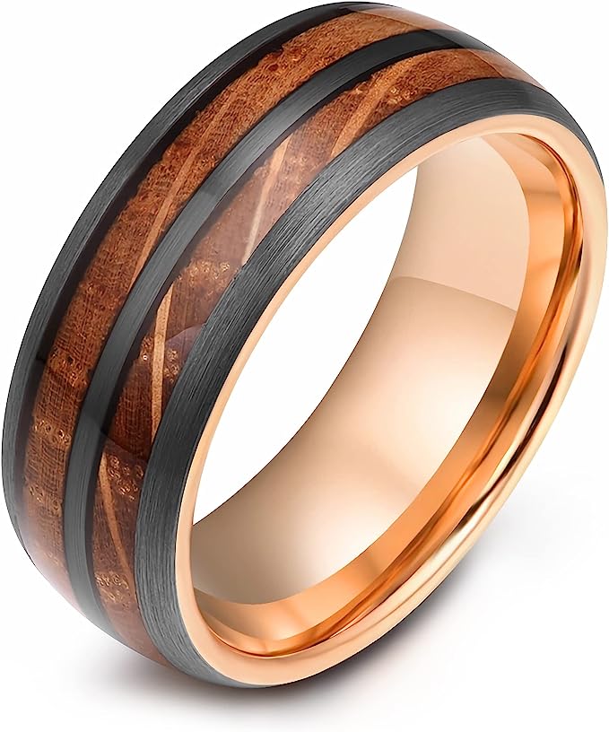 Genuine Carbide Tungsten Color: 8mm Rose Wood and Whiskey Barrel Wood inlay Rose Gold Inner high polished inner-face design smooth and shiny. Comfort Fit Wedding Band Size 6-15