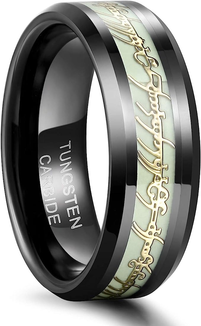 Genuine Carbide Tungsten Color: BLACK Celtic GREEN GLOW Fiber Inlay 8mm RING Polished Shiny Comfort Fit Wedding Band Size Size 6-15