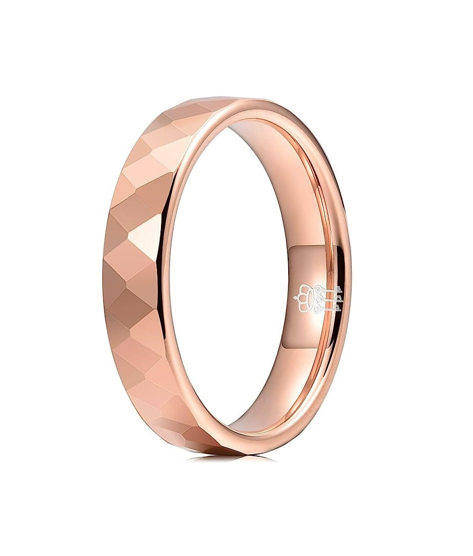 Genuine Carbide Tungsten Color: Rose Gold Multi Faceted Edge Center 4mm RING   High Polish inner face makes it smooth and shiny Comfort Fit Wedding Band Size 6-15