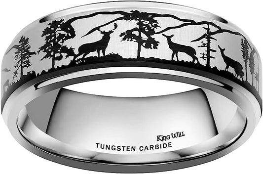 Genuine Carbide Tungsten Color: BLACK 8mm Laser Black Elk Deer Family Mountain Tree Forest Landscape Tungsten Ring, beautiful scenery into the forest tungsten ring.