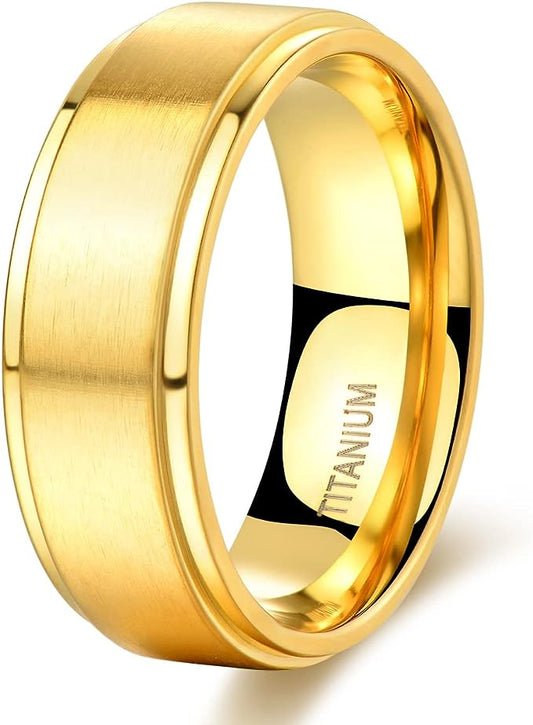 Genuine Titanium Golden Brushed 8mm Wide Stepped Beveled Edges  Ring Wedding Band High Polished Comfort Fit.