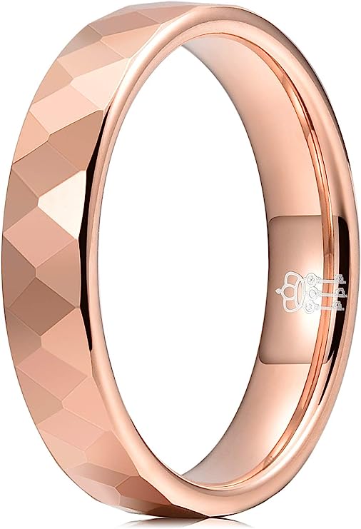 Genuine Carbide Tungsten Color: Rose Gold Multi Faceted Edge Center 4mm RING   High Polish inner face makes it smooth and shiny Comfort Fit Wedding Band Size 6-15