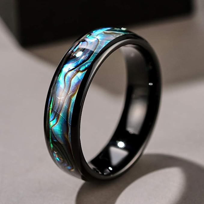 Genuine Carbide Tungsten Color:   BLACK 6mm RING Abalone Shell Inlay Polished Shiny Comfort Fit Wedding Band Size 6-15