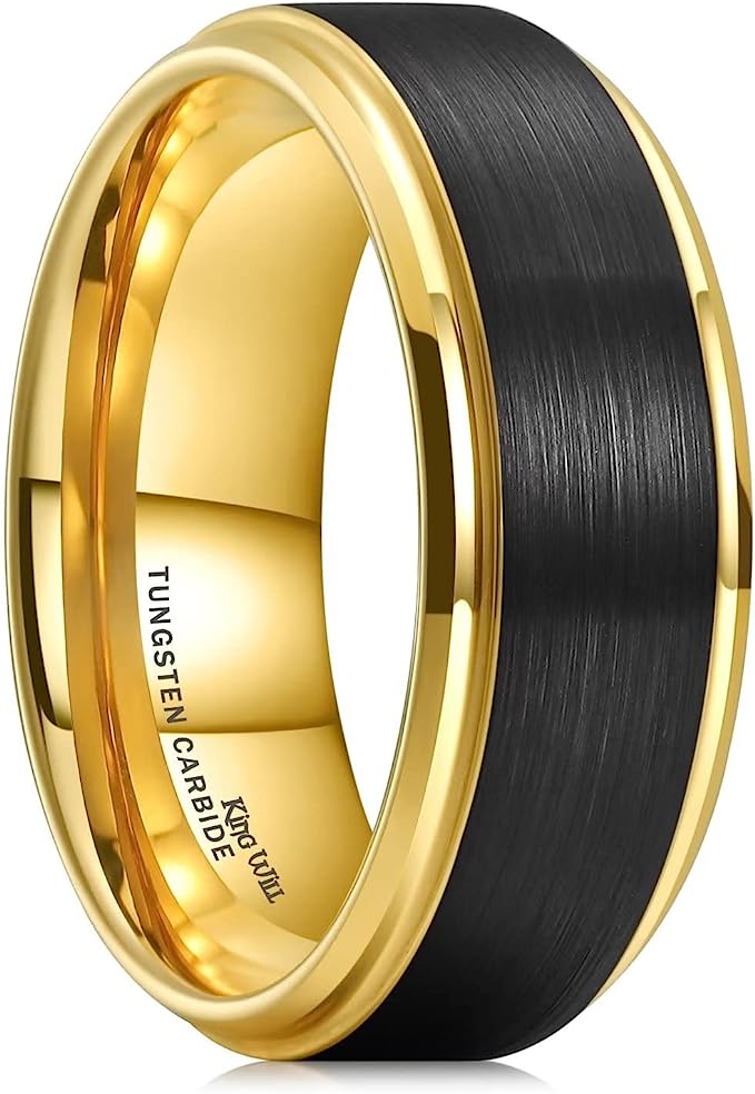 Genuine Carbide Tungsten Color: 8mm Black Brushed  and Gold Inner high polished inner-face design smooth and shiny. Comfort Fit Wedding Band Size 6-15