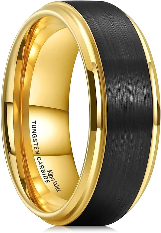 Genuine Carbide Tungsten Color: 8mm Black Brushed  and Gold Inner high polished inner-face design smooth and shiny. Comfort Fit Wedding Band Size 6-15