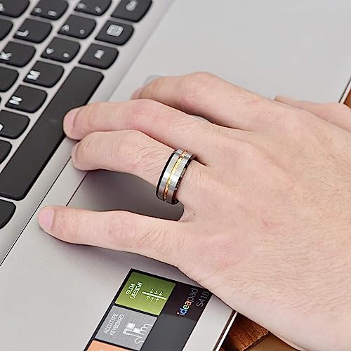 Genuine Tungsten Carbide 8mm Ring - Black/ Silver Brushed Matte finish, Silver Thin Gold Line and Beveled Edge Comfort Fit Size 6-15