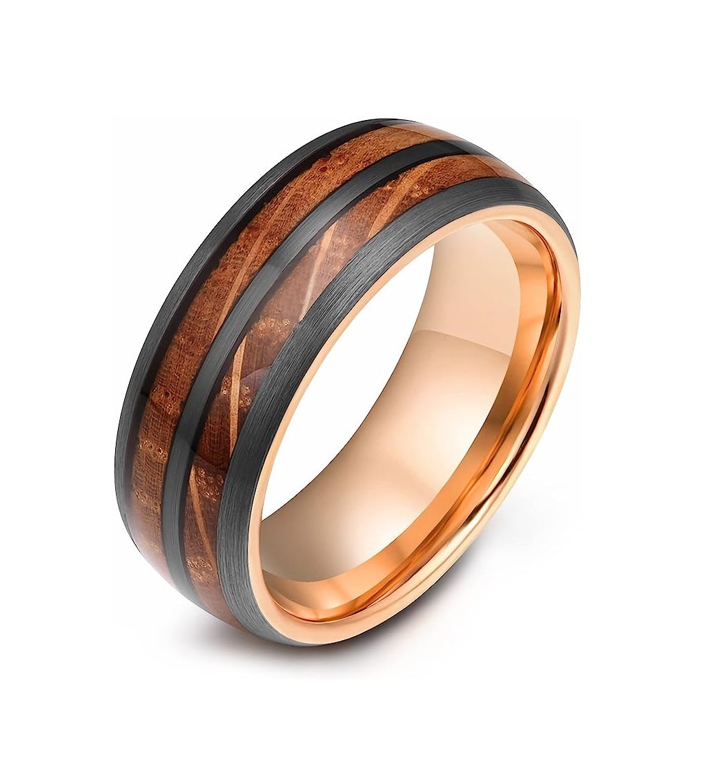 Genuine Carbide Tungsten Color: 8mm Rose Wood and Whiskey Barrel Wood inlay Rose Gold Inner high polished inner-face design smooth and shiny. Comfort Fit Wedding Band Size 6-15