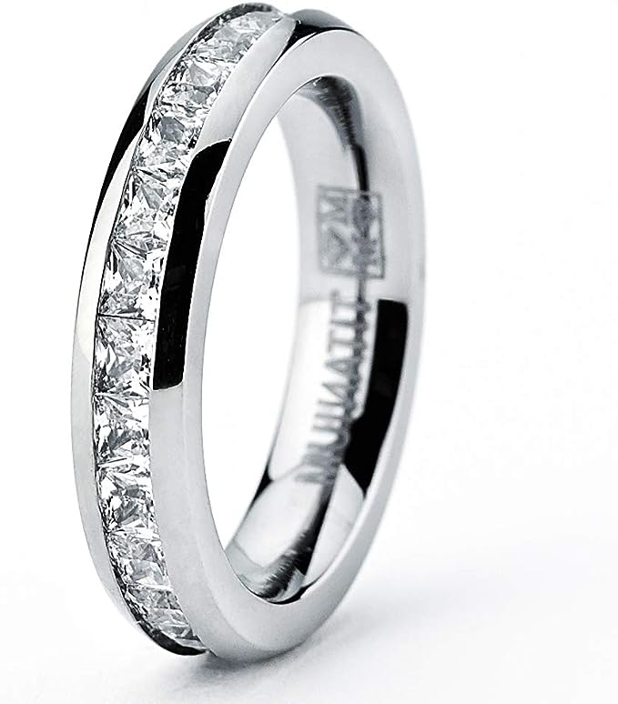 Genuine Titanium Silver 3mm Wide Ring Cubic Zirconia Eternity High Polished Comfort Fit.