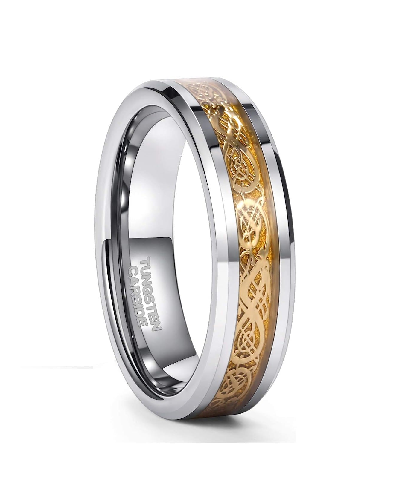 Genuine Carbide Tungsten Color: SILVER Celtic Dragon GOLD Fiber Inlay 6mm RING Polished Shiny Comfort Fit Wedding Band Size Size 6-15