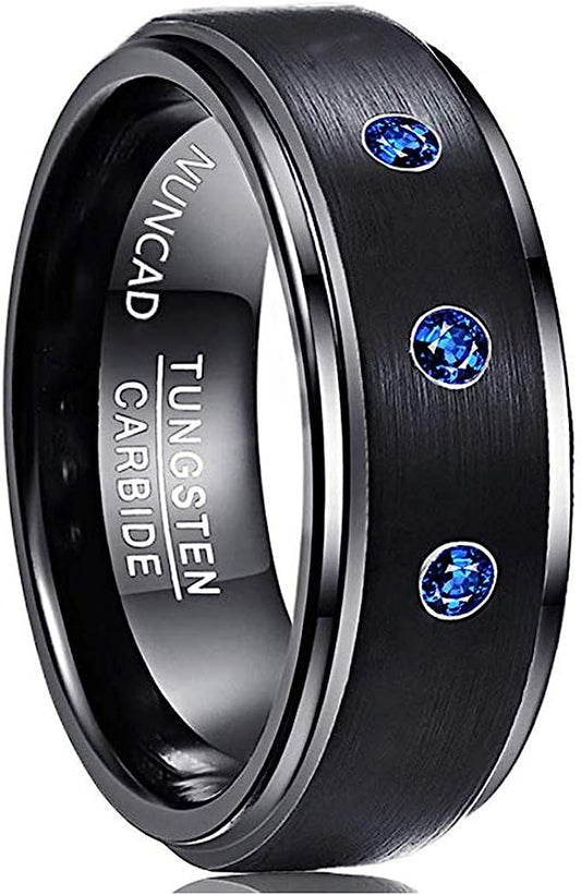 Genuine Carbide Tungsten Color: Black Tungsten Ring Blue CZ Brushed Finish 8mm RING Polished Shiny Comfort Fit Wedding Band Size Size 7-12