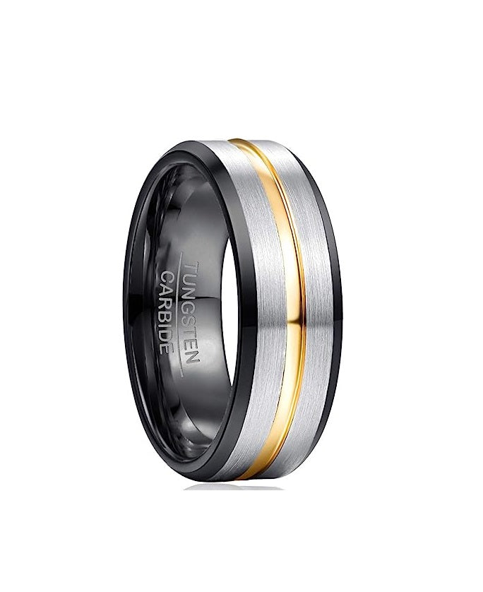 Genuine Tungsten Carbide 8mm Ring - Black/ Silver Brushed Matte finish, Silver Thin Gold Line and Beveled Edge Comfort Fit Size 6-15