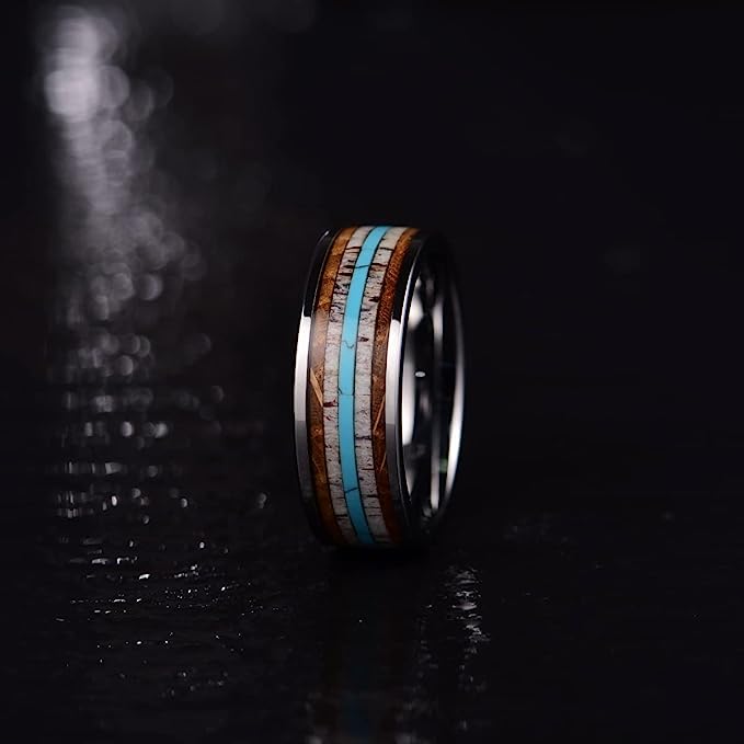 Genuine Carbide Tungsten Color: 8mm Silver  Turquoise, Whiskey Barrel Wood, and abalone shell inlay Silver Inner high polished inner-face design smooth and shiny. Comfort Fit Wedding Band Size 6-15