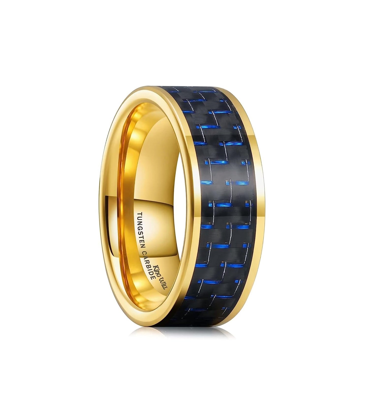 Genuine Carbide Tungsten 8mm Ring Gold-with Blue Black carbon fiber inlay, Comfort Fit wedding band Size 6-15