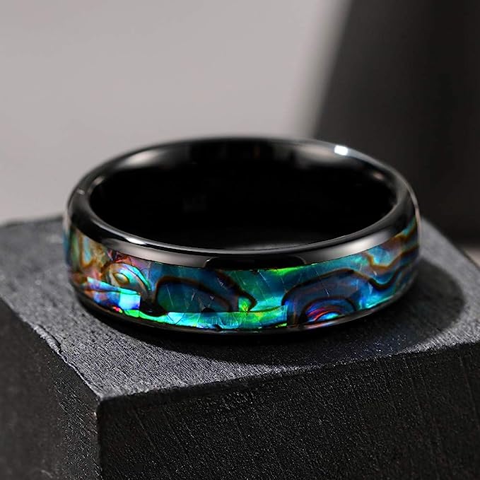 Genuine Carbide Tungsten Color:   BLACK 6mm RING Abalone Shell Inlay Polished Shiny Comfort Fit Wedding Band Size 6-15