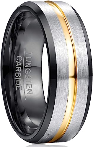 Genuine Tungsten Carbide 8mm Ring - Black/ Silver Brushed Matte finish, Silver Thin Gold Line and Beveled Edge Comfort Fit Size 6-15