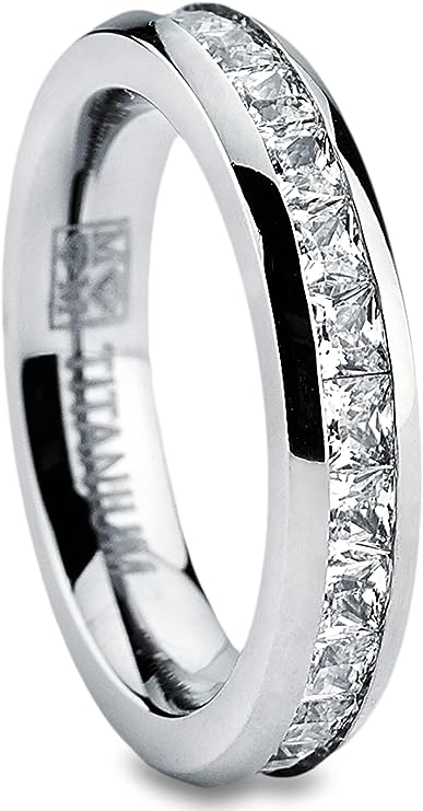 Genuine Titanium Silver 3mm Wide Ring Cubic Zirconia Eternity High Polished Comfort Fit.