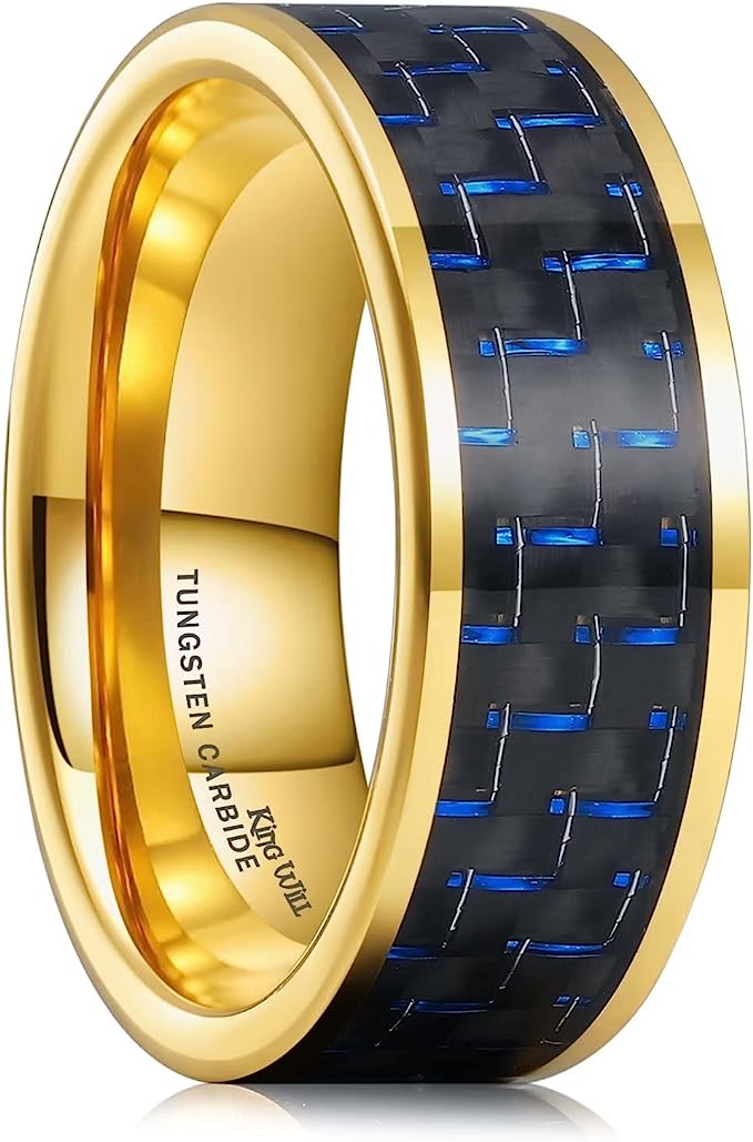 Genuine Carbide Tungsten 8mm Ring Gold-with Blue Black carbon fiber inlay, Comfort Fit wedding band Size 6-15