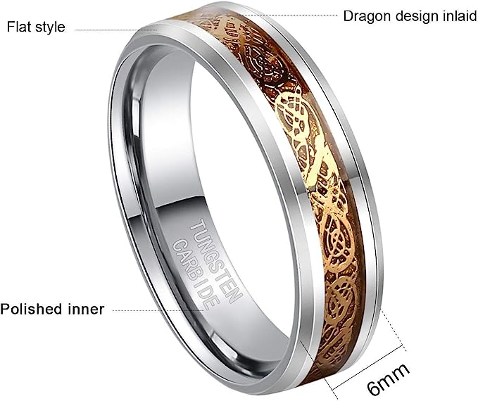 Genuine Carbide Tungsten Color: SILVER Celtic Dragon GOLD Fiber Inlay 6mm RING Polished Shiny Comfort Fit Wedding Band Size Size 6-15