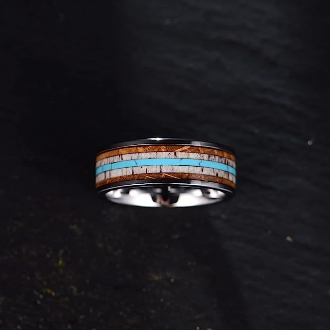 Genuine Carbide Tungsten Color: 8mm Silver  Turquoise, Whiskey Barrel Wood, and abalone shell inlay Silver Inner high polished inner-face design smooth and shiny. Comfort Fit Wedding Band Size 6-15