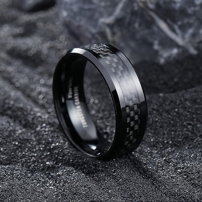 Genuine Carbide Tungsten Color: 8mm Black Gray Carbon fiber Inlay High polished inner-face design smooth and shiny. Comfort Fit Wedding Band Size 6-15