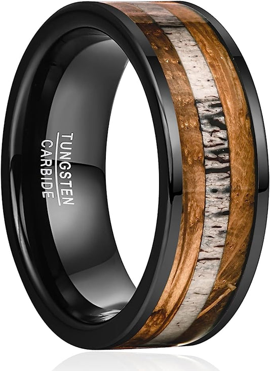 Genuine Carbide Tungsten Color: Whiskey Barrel Wood Deer Antler Center Inlay 8mm RING Polished Shiny Comfort Fit Wedding Band Size Size 7-12