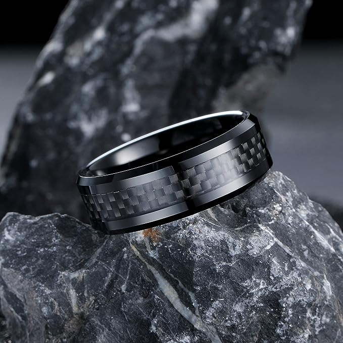 Genuine Carbide Tungsten Color: 8mm Black Gray Carbon fiber Inlay High polished inner-face design smooth and shiny. Comfort Fit Wedding Band Size 6-15