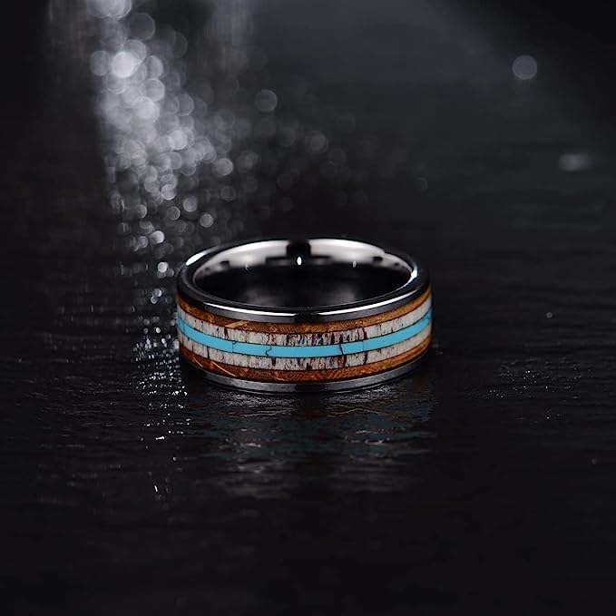 Genuine Carbide Tungsten Color: 8mm Silver  Turquoise, Whiskey Barrel Wood, and abalone shell inlay Silver Inner high polished inner-face design smooth and shiny. Comfort Fit Wedding Band Size 6-15