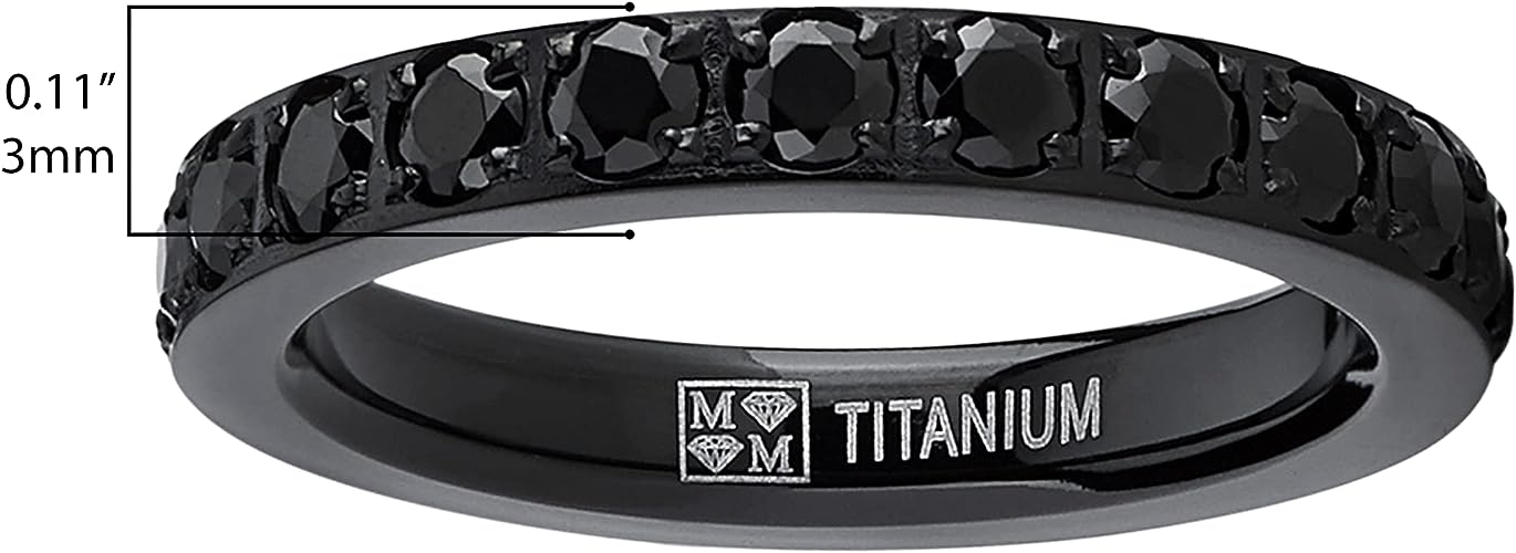 Genuine Titanium Black 3mm Wide Ring  Black Pave Cubic Zirconia Eternity High Polished Comfort Fit.