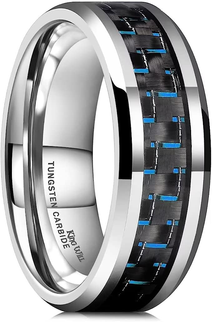 Genuine Carbide Tungsten 8mm Ring Silver-with Blue Black carbon fiber inlay, Comfort Fit wedding band Size 6-15