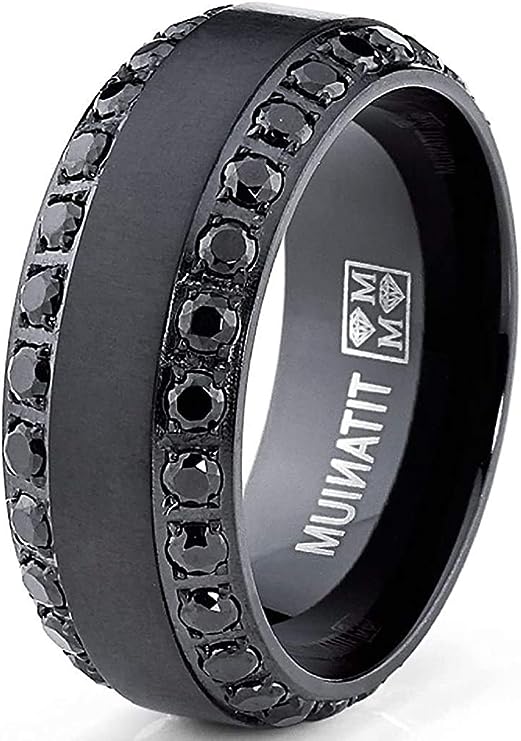 Genuine Titanium Black CZ inlay 8mm Wide Eternity Ring   Wedding Band High Polished Comfort Fit.