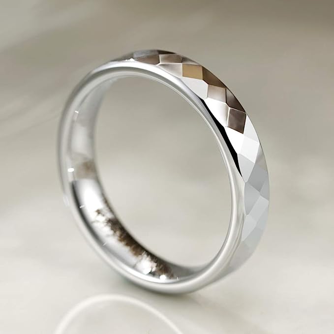 Genuine Carbide Tungsten Color: SILVER Multi Faceted Edge Center 4mm RING   High Polish inner face makes it smooth and shiny Comfort Fit Wedding Band Size 6-15