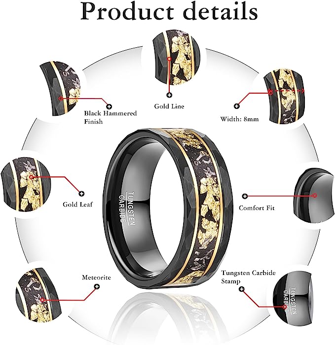 Genuine Carbide Tungsten Color: Rose Gold Strips and Meteorite Inlay Hammered BRUSHED 8mm RING Polished Shiny Comfort Fit Wedding Band Size Size 7-12