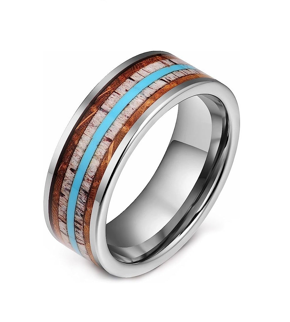 Genuine Carbide Tungsten Color: 8mm Silver  Turquoise, Whiskey Barrel Wood, and abalone shell inlay Silver Inner high polished inner-face design smooth and shiny. Comfort Fit Wedding Band Size 6-15