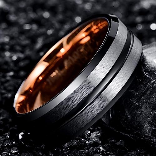 Genuine Tungsten Carbide 8mm Ring - Black Brushed Matte finish, Black Thin line and Beveled Edge Comfort Fit Size 6-15