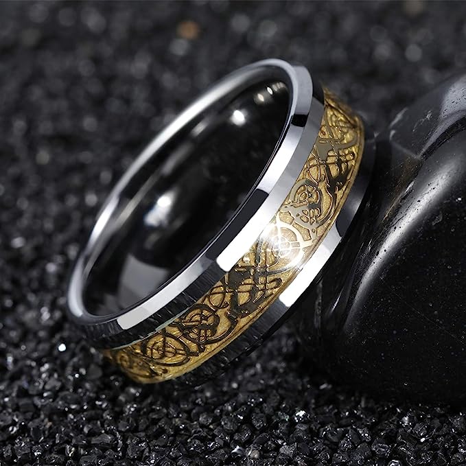 Genuine Carbide Tungsten Color: SILVER Celtic Dragon GOLD Fiber Inlay 8mm RING Polished Shiny Comfort Fit Wedding Band Size Size 6-15