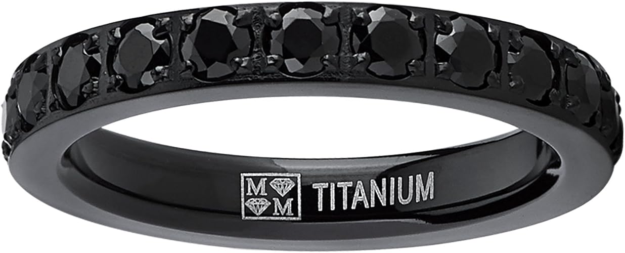 Genuine Titanium Black 3mm Wide Ring  Black Pave Cubic Zirconia Eternity High Polished Comfort Fit.